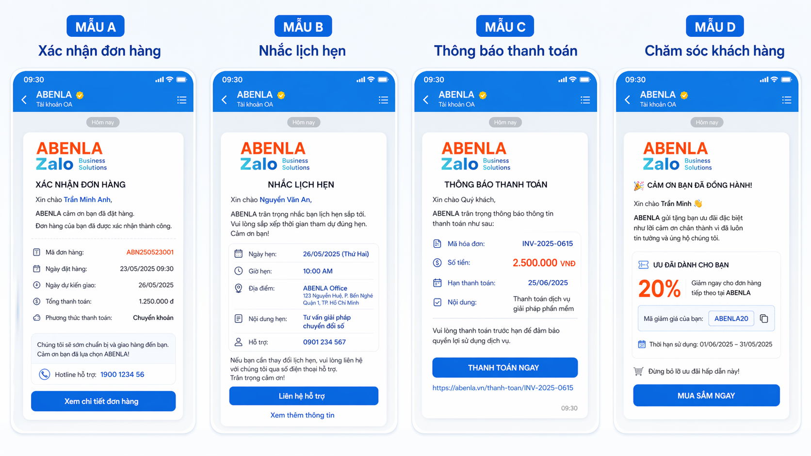Minh hoạ template ZNS với tiêu đề, nội dung cá nhân hoá và nút CTA