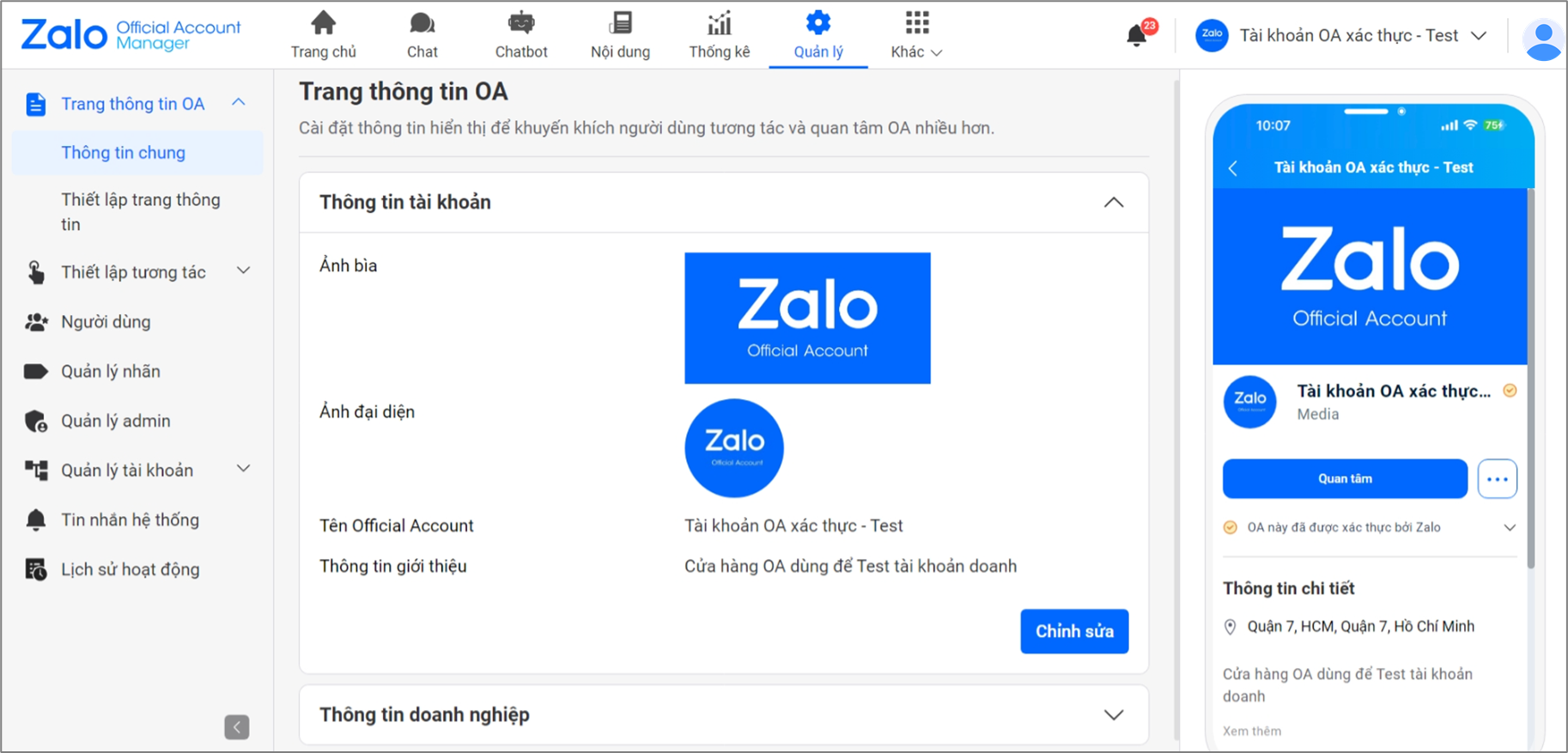 Giao diện điền thông tin Zalo OA