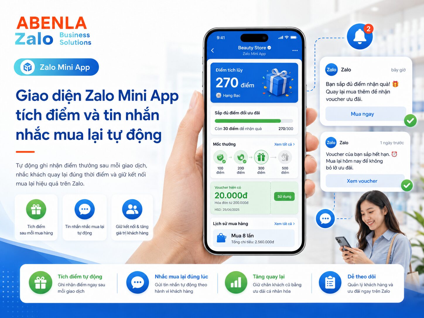 Giao diện Zalo Mini App tích điểm và tin nhắn nhắc mua lại tự động