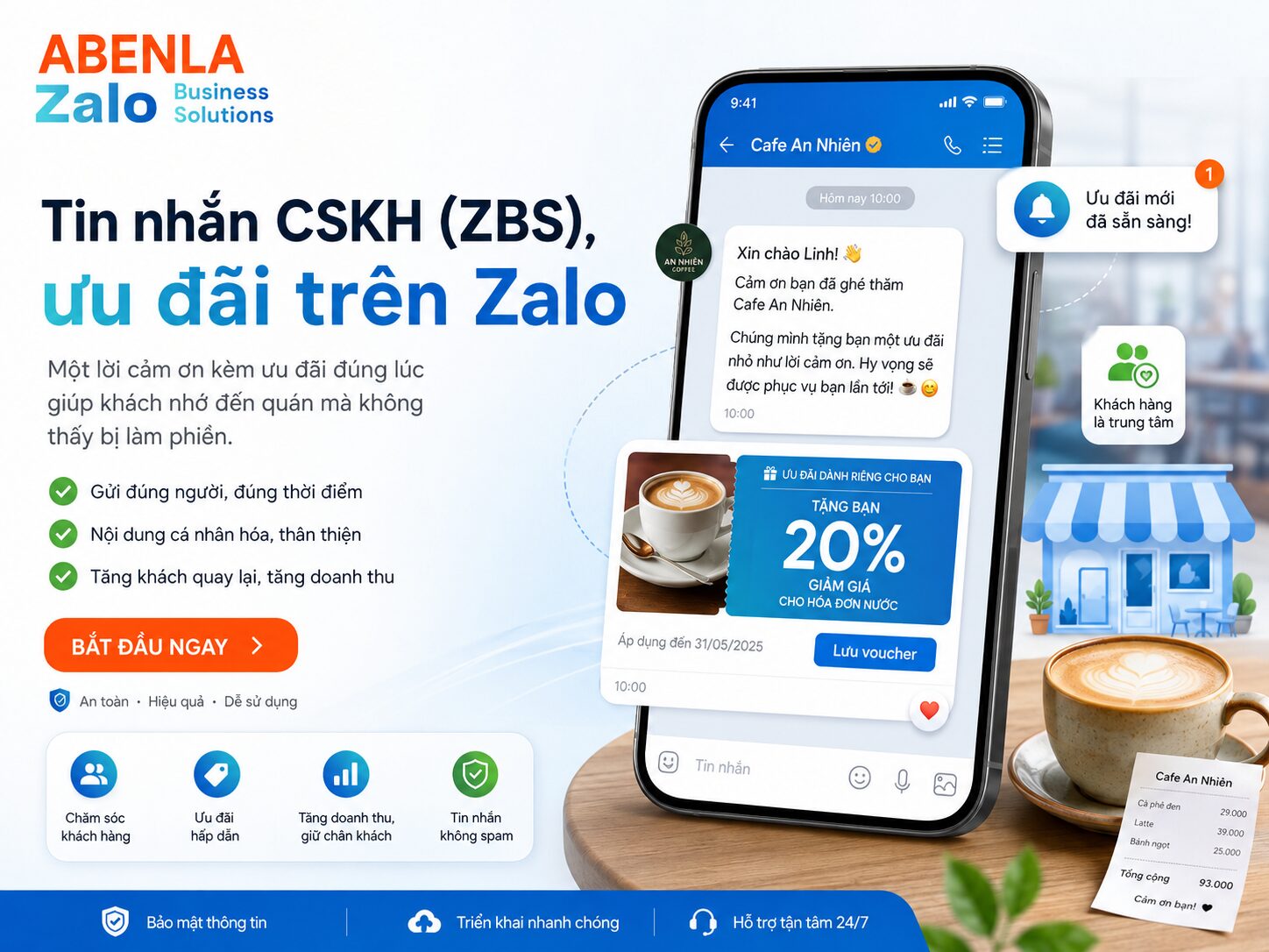 Tin nhắn chăm sóc và ưu đãi gửi cho khách qua Zalo sau bữa ăn