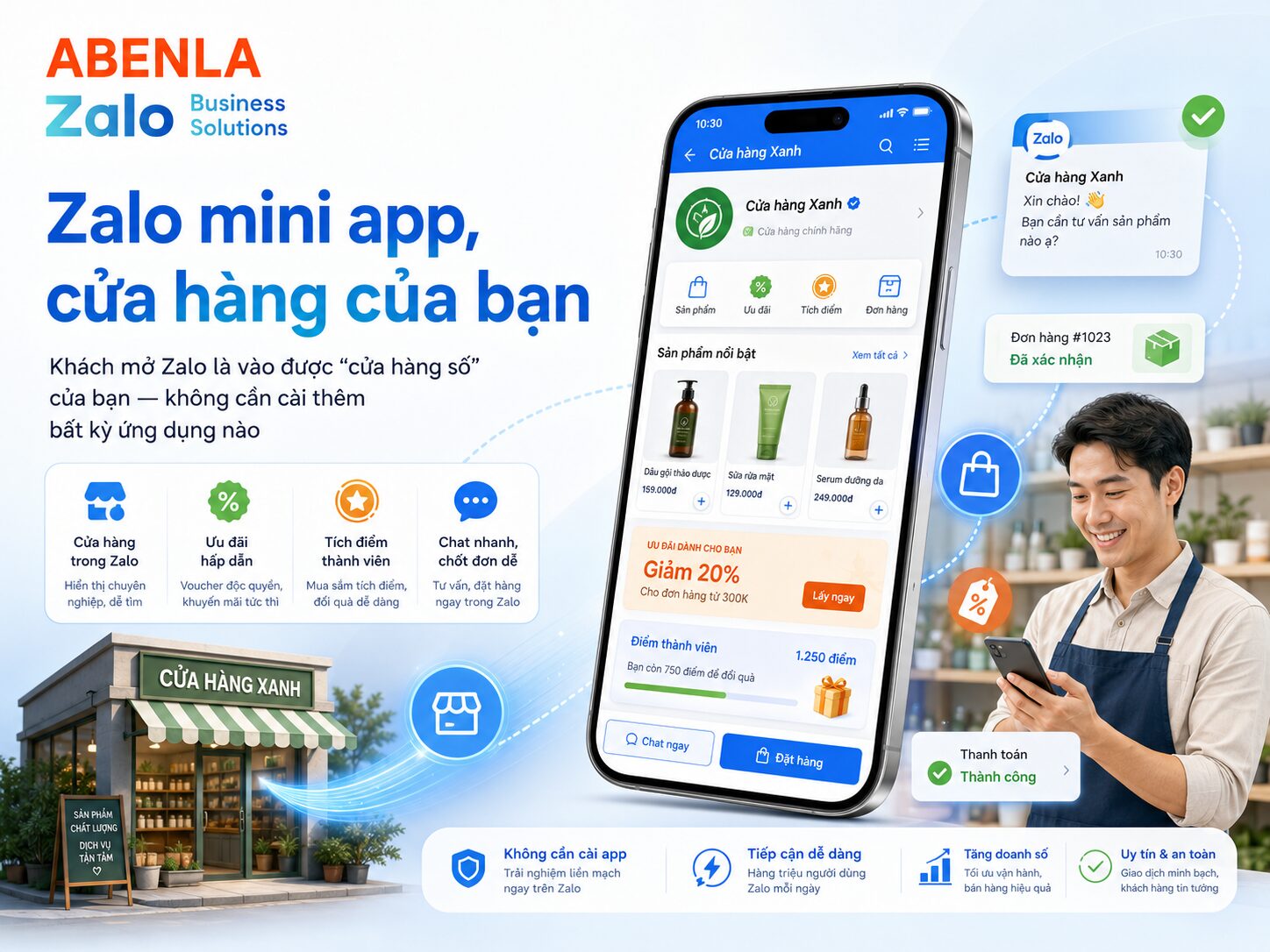 Giao diện Zalo Mini App của cửa hàng trên điện thoại khách hàng