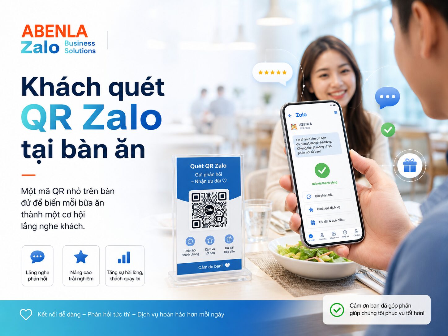 Khách quét mã QR Zalo để đánh giá bữa ăn ngay tại bàn