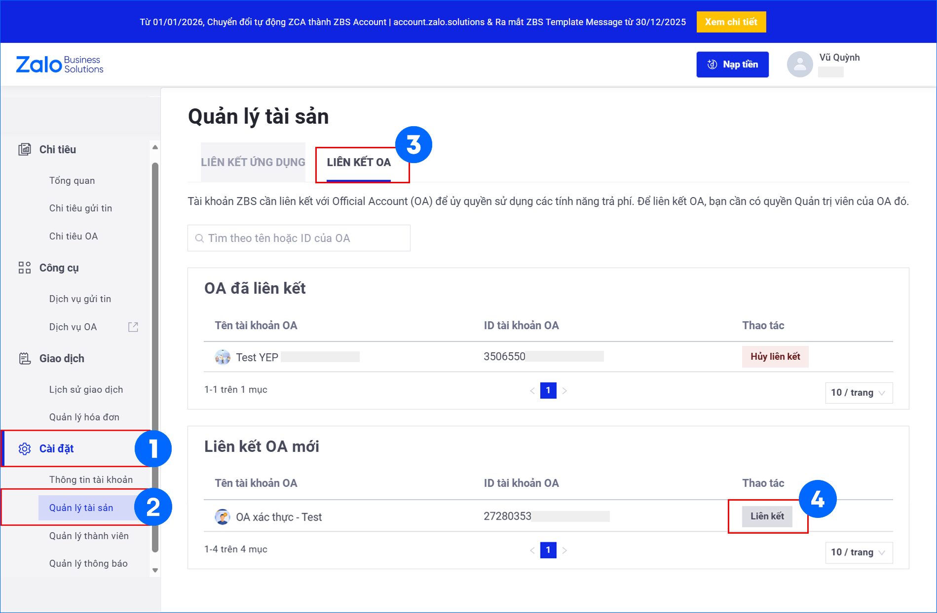 Bảng điều khiển quản lý liên kết OA và ZBS