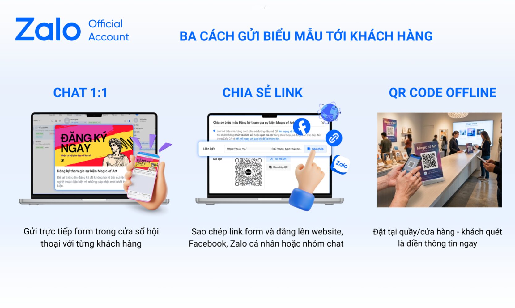 Ba cách gửi biểu mẫu Zalo OA gồm chat 1:1, chia sẻ link và QR code offline