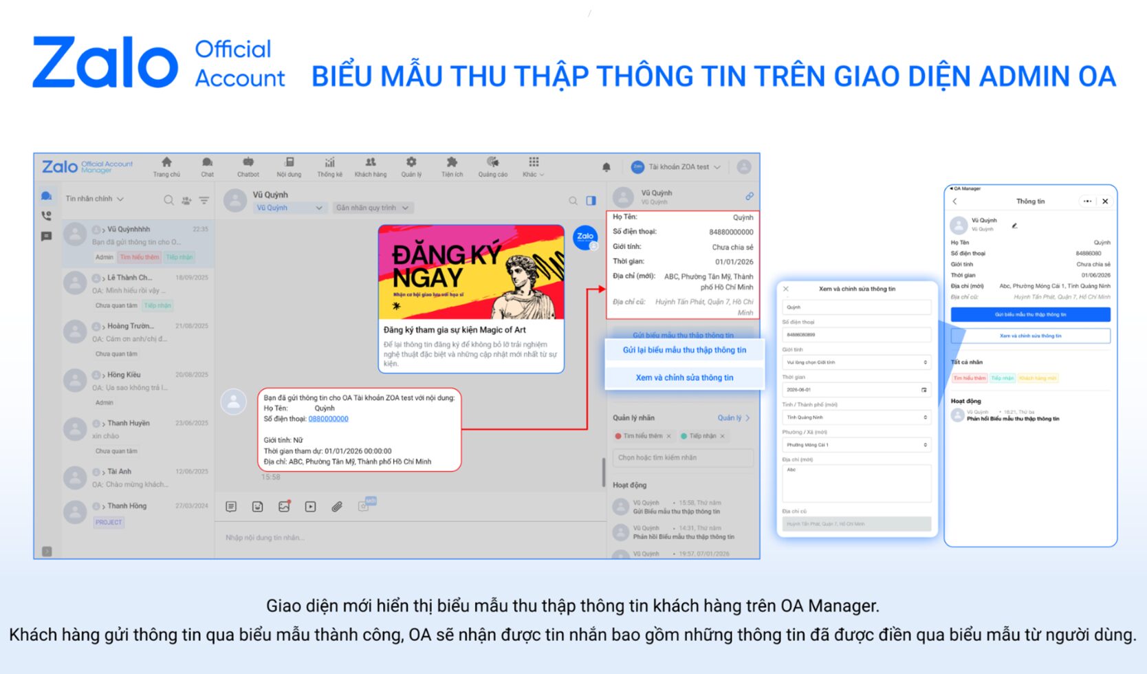 Biểu mẫu thu thập thông tin hiển thị trong giao diện quản trị Zalo OA Manager
