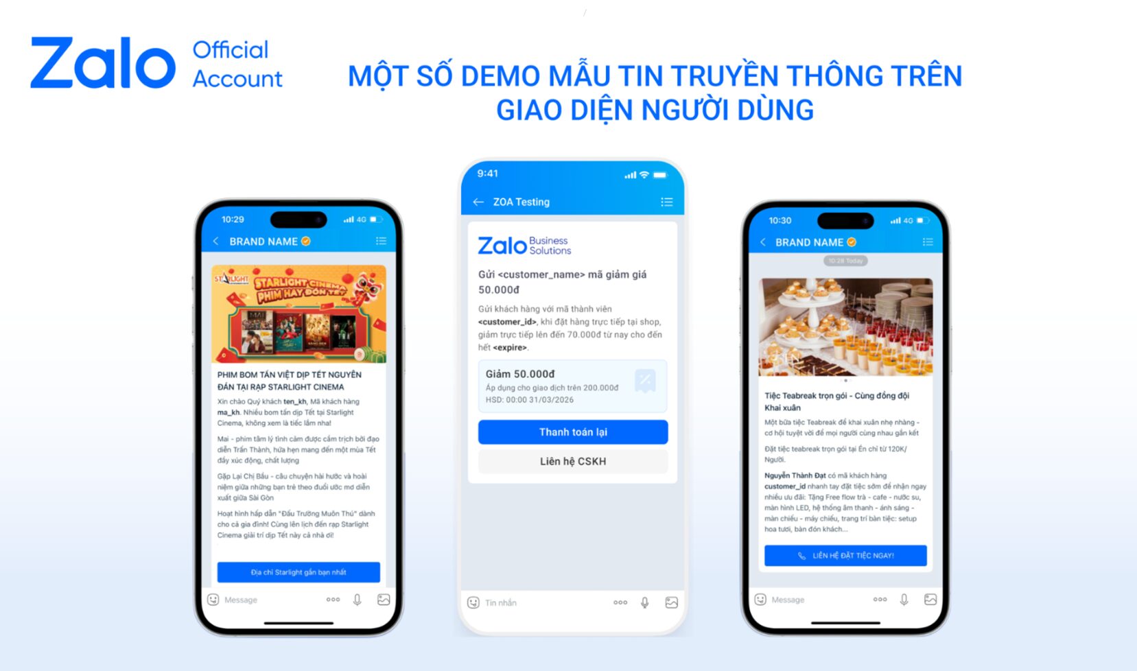 Một số mẫu tin truyền thông được gửi qua Zalo OA Campaign Tool