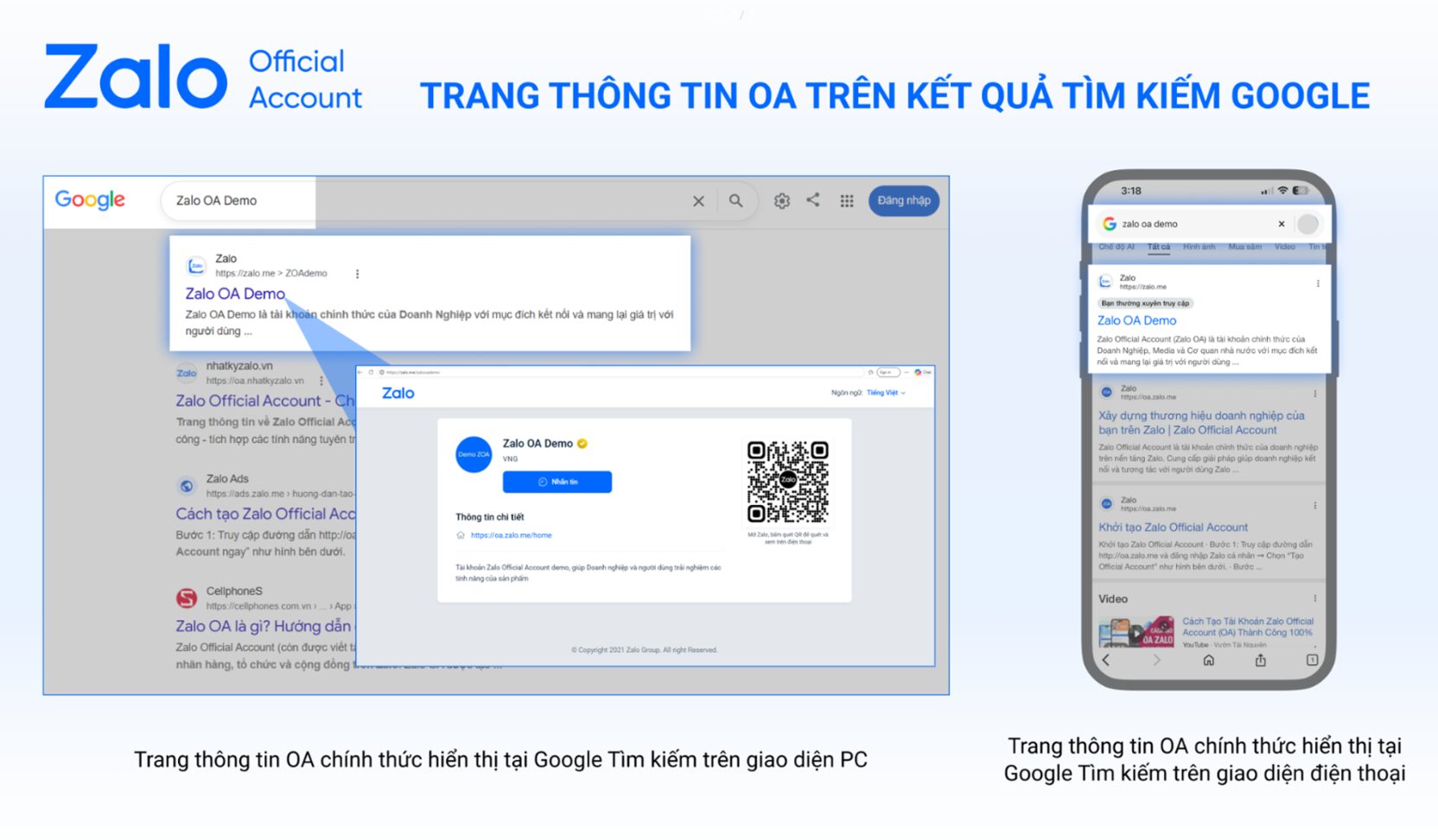 Trang thông tin Zalo OA hiển thị trên kết quả Google ở máy tính và điện thoại